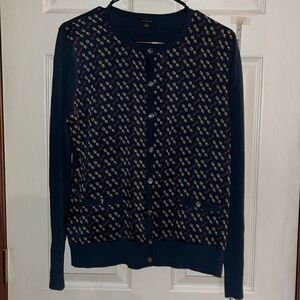 Ann Taylor-L-navy blue,yellow,red pattern-lightweight,button up cardigan sweater